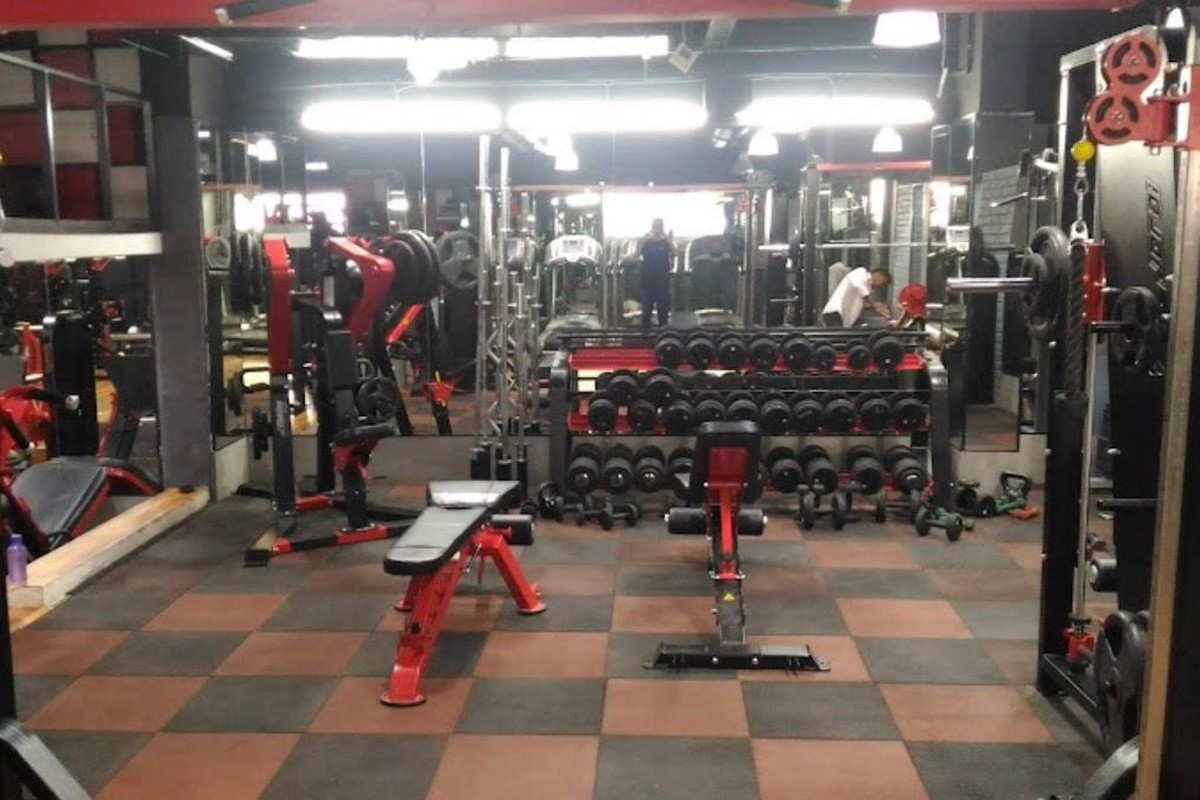 Multi-Tier Dumbbell Racks, Red Incline Benches, Smith Machine and Barbells