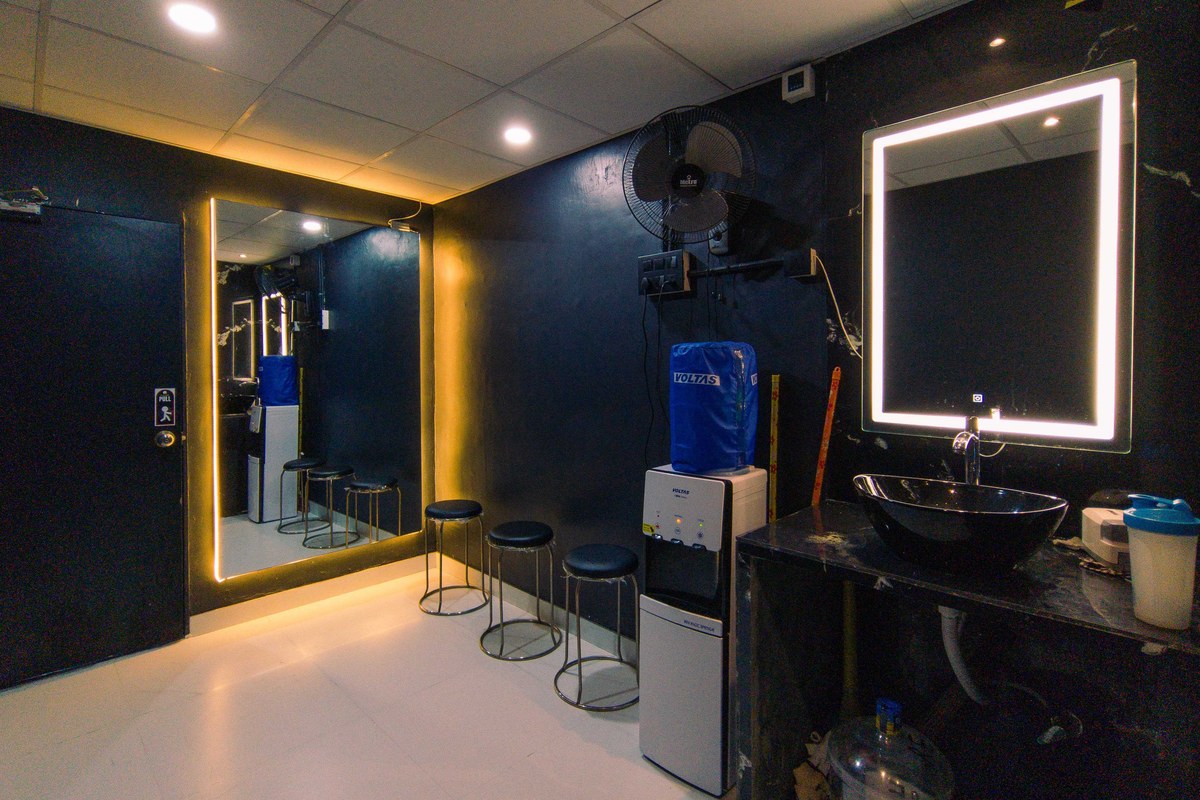 FIRST STEP FITNESS Grooming Area with Backlit Vanity Mirrors & Water Bar