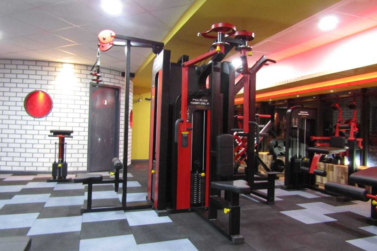Red and Black Indus Selectorized Strength Stations and Cable Towers