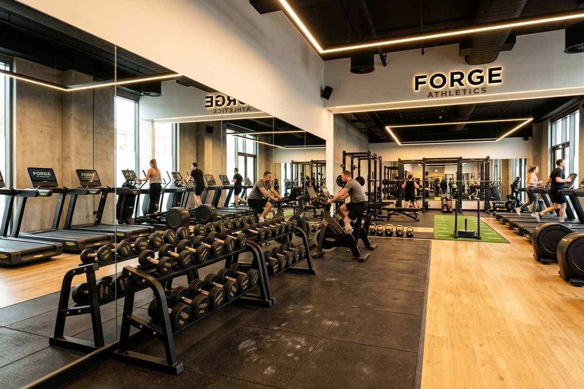 Main Strength and Cardio Floor with Dumbbells and Spin Bikes at RSM GYM