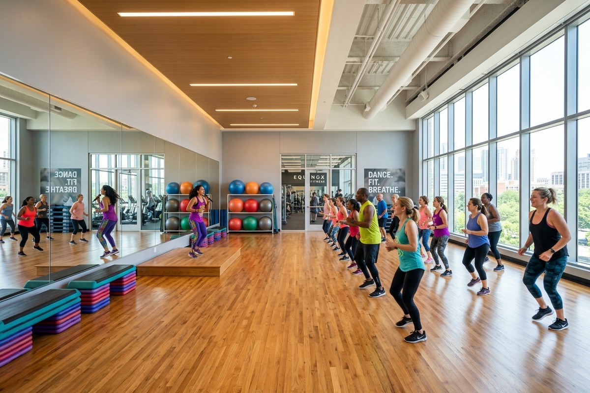 Zumba, Aerobics and Group Dance Fitness Studio with Mirrored Walls