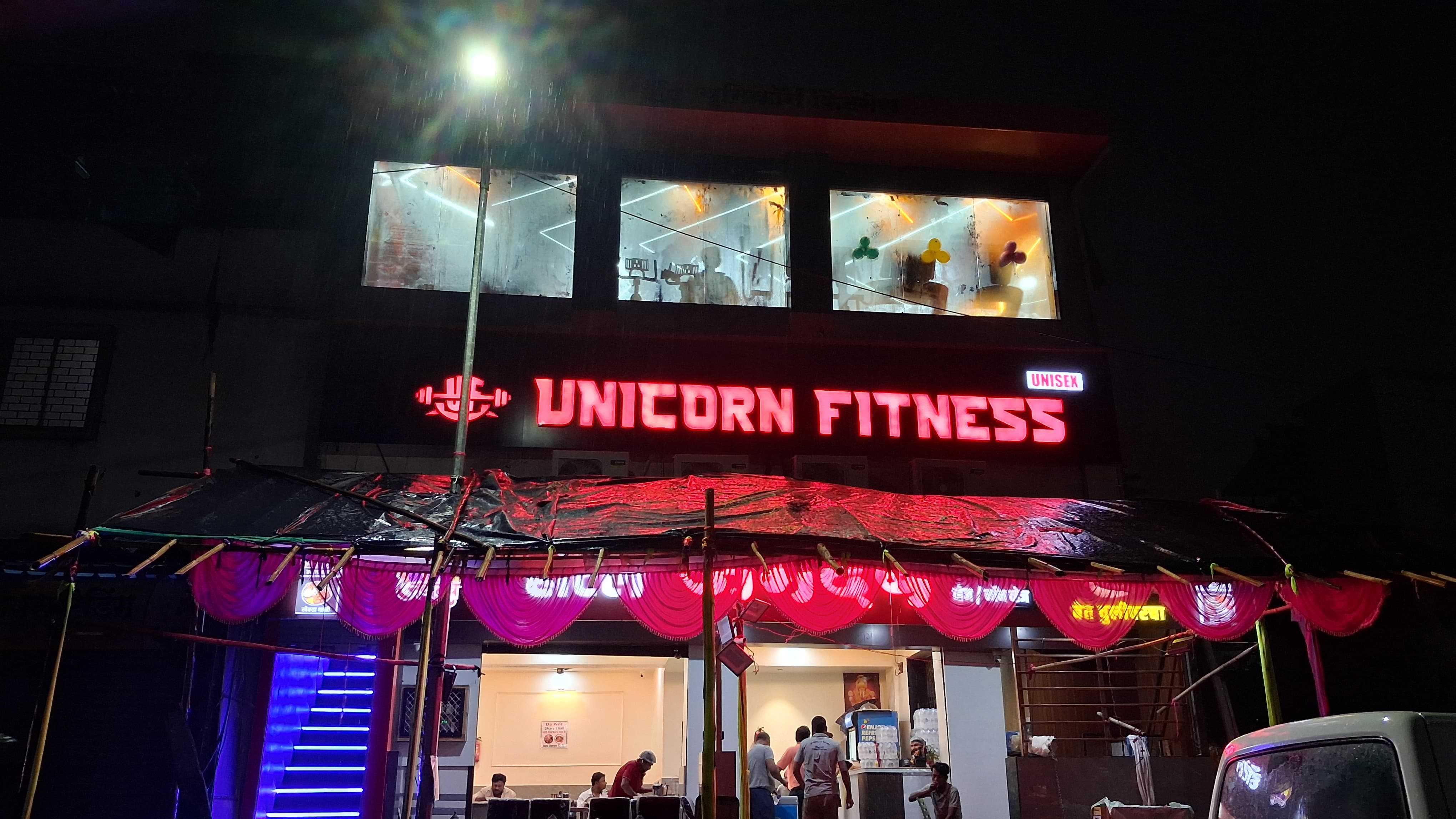 UNICORN FITNESS Neon Sign & Storefront Facade at Hotel Jagdamb